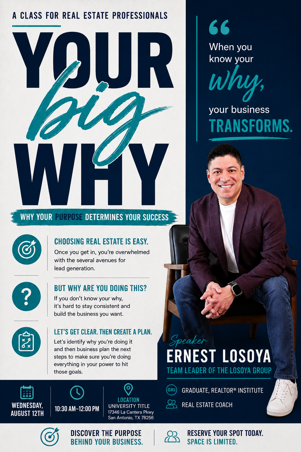 Your BIG Why class flyer with Ernest Losoya event details